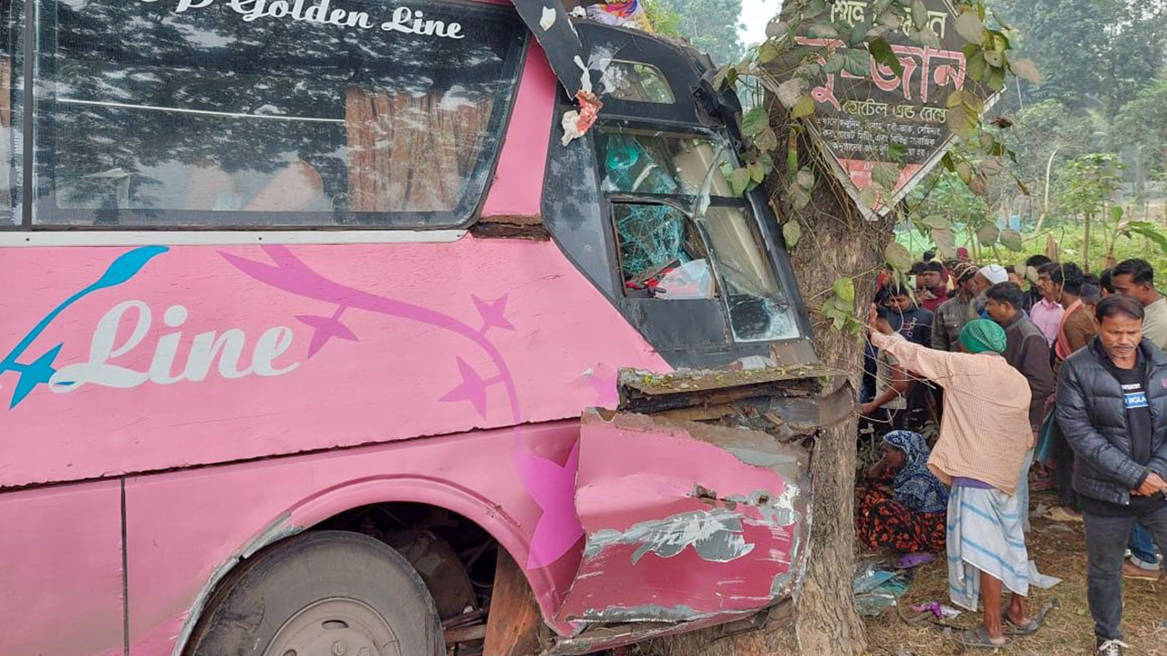 নিয়ন্ত্রণ হারিয়ে গাছের সঙ্গে বাসের ধাক্কায় পথচারী নিহত, আহত ১৭